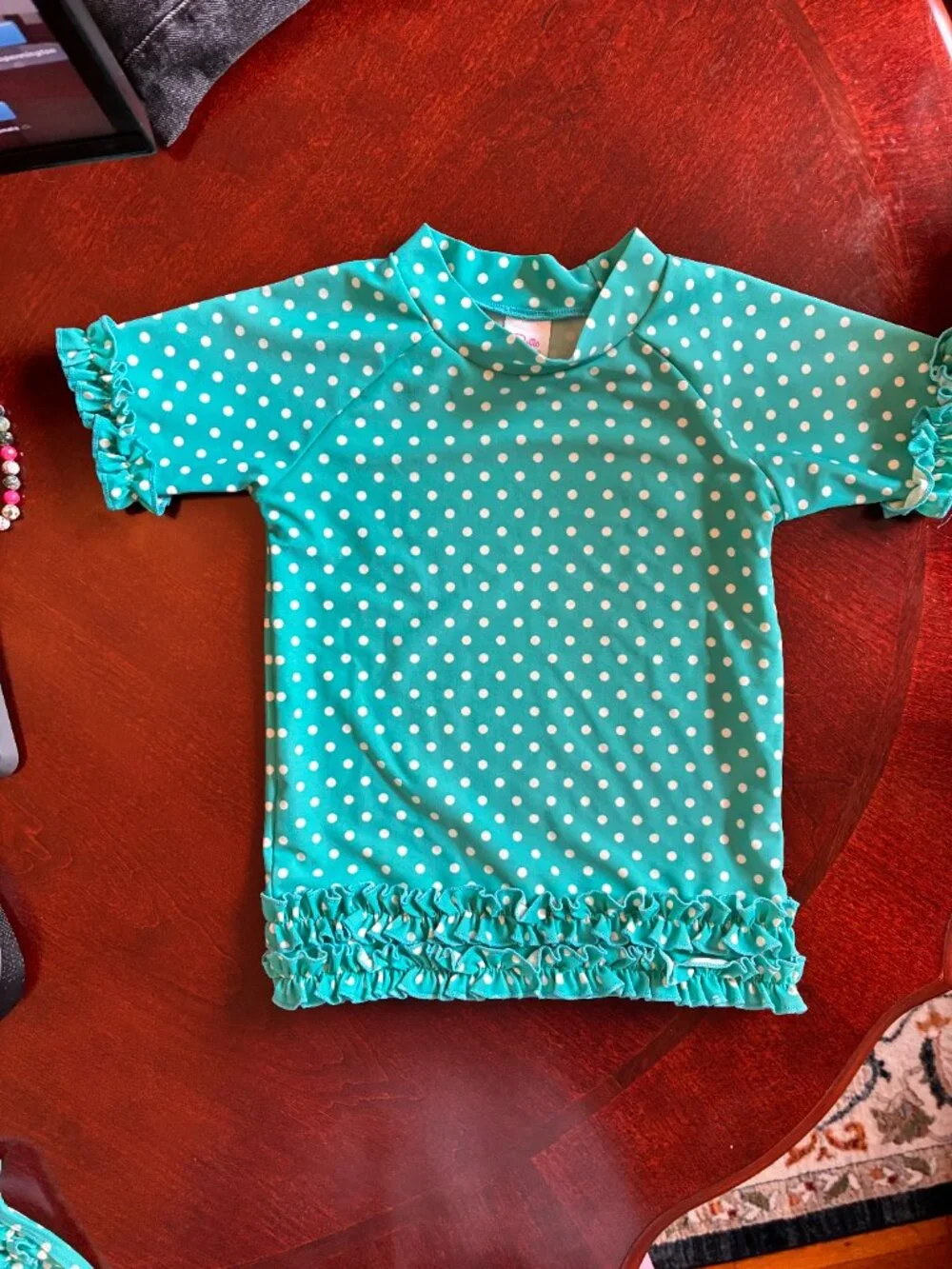 RuffleButts Girls Aqua Polka Dot Rash Guard 2PC Swimsuit Set Size 5 5T